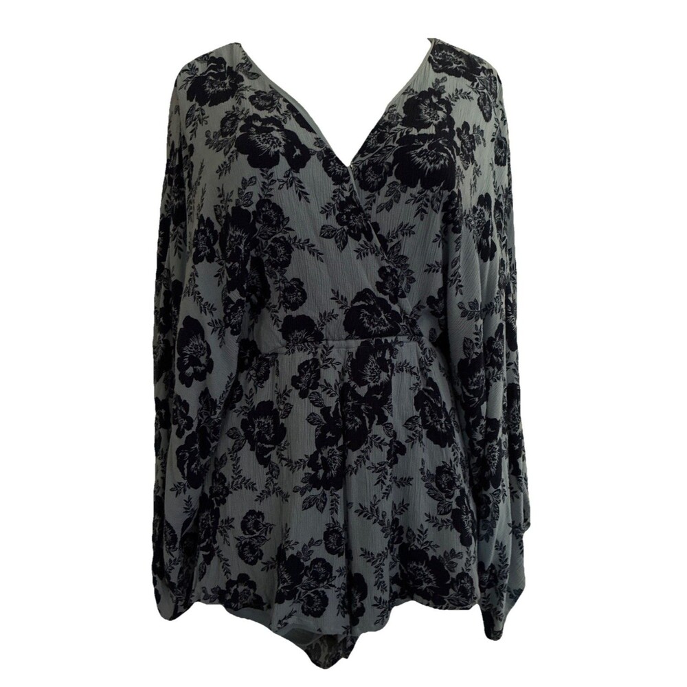 Womens Large Boho Romper Blue Floral Deep V-neck Dolman Sleeve Keyhole Button - Picture 5 of 16